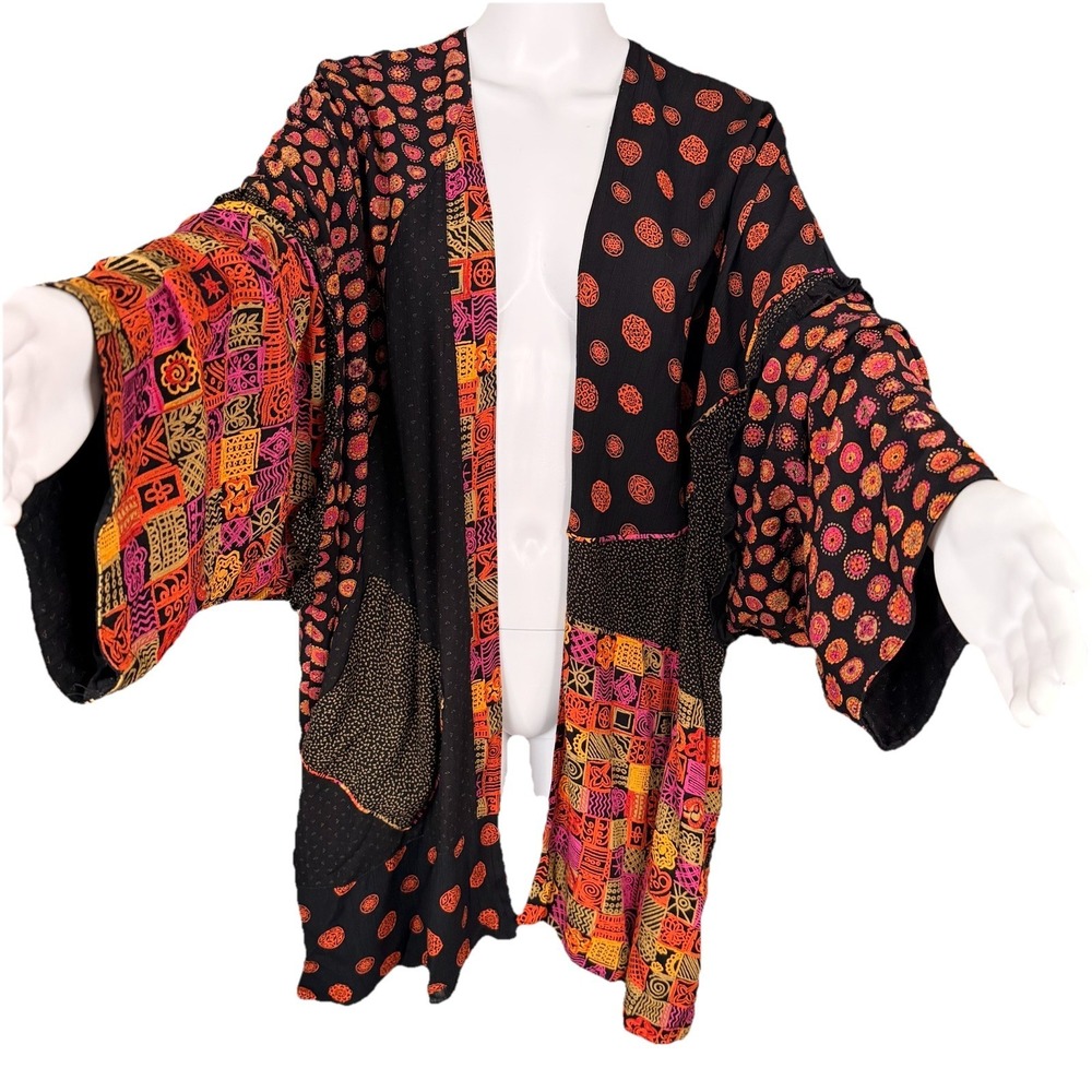 Vtg PLATINUM By DOROTHY SCHOELEN Jacket SZ-M Black Folk Art Boho Oversized USA